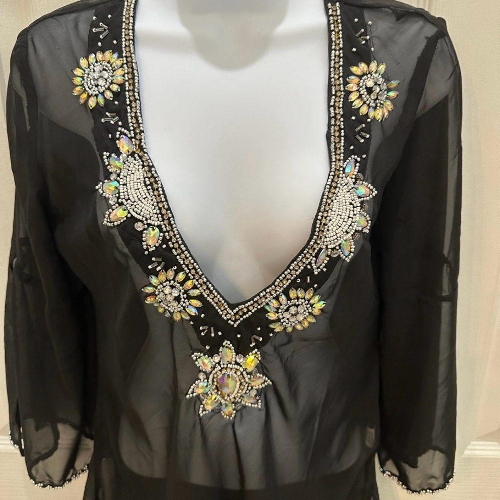 Black Sheer Tunic bathing suit coverup with Embellished Neckline - Picture 2 of 5